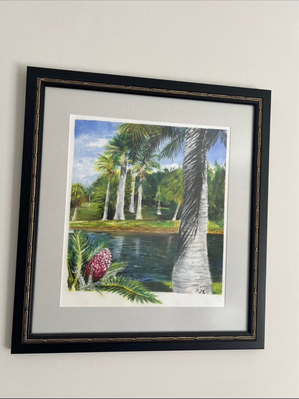 Framed Tropical Palm Landscape acrylic painting - Black Frame, Gray Mat
